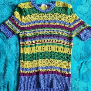 Zara Sz M Crochet Knit Sweater Multicolor Retro 70s Short Sleeves